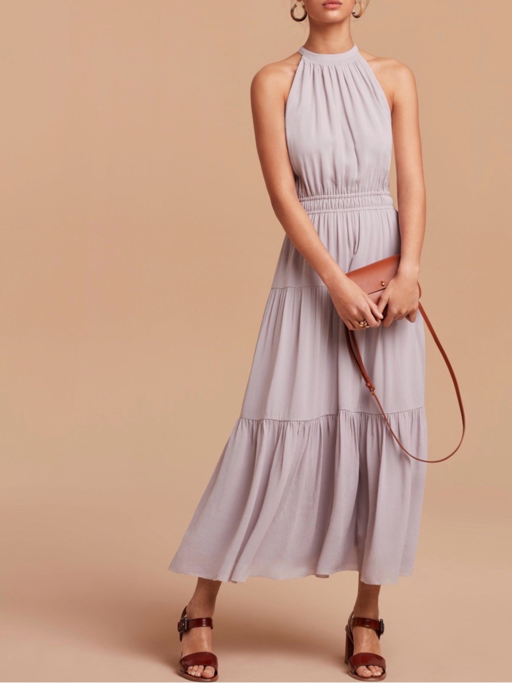 Aritzia Wilfred Effect Maxi HighNeck Dress Ruched Halter Lavender Medium US6